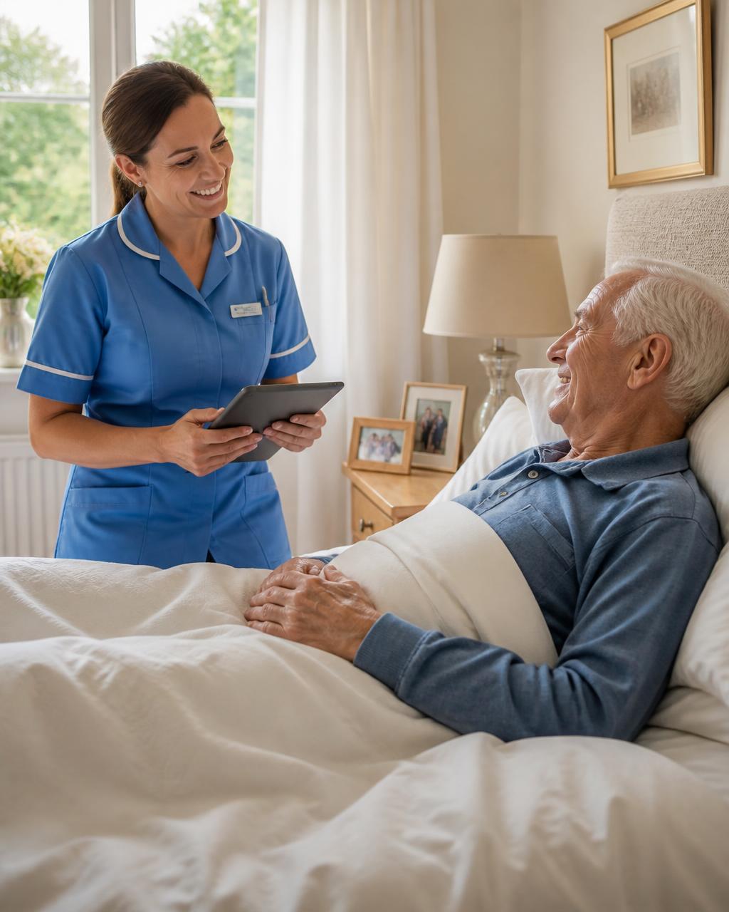 A nurse checks in on a senior man resting comfortably in his own bedroom at home