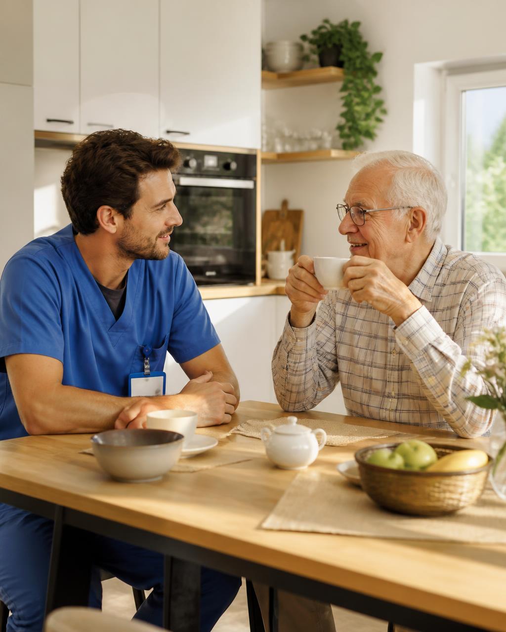 A caregiver shares tea and conversation with a senior man in a modern home kitchen