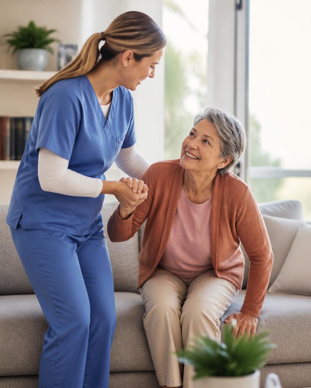 A caregiver gently helps a senior woman in a bright, comfortable home living room
